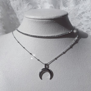 [Aespa NingNing Necklace] Upside Down Crescent Moon Rhinestone Choker Layered Necklace - Silver