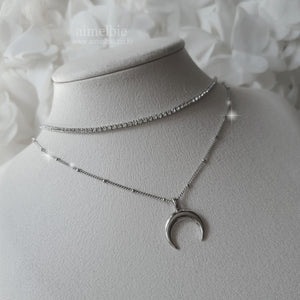 [Aespa NingNing Necklace] Upside Down Crescent Moon Rhinestone Choker Layered Necklace - Silver