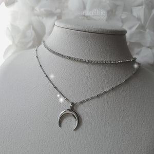 Upside Down Crescent Moon Rhinestone Choker Layered Necklace - Silver (Aespa NingNing Necklace)
