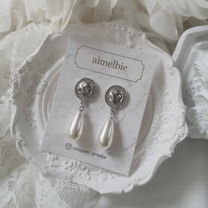 Ethnic Button and Long Pearl Earrings - Silver