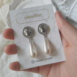 Ethnic Button and Long Pearl Earrings - Silver