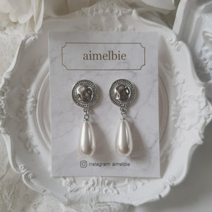 Ethnic Button and Long Pearl Earrings - Silver