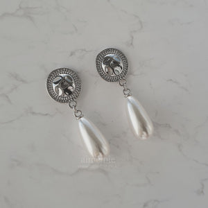 Ethnic Button and Long Pearl Earrings - Silver