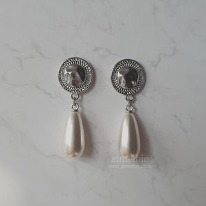 Ethnic Button and Long Pearl Earrings - Silver