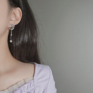 Dainty Ribbon and Moon Earrings - Silver