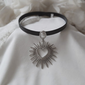 Heart Supernova Leather Choker - Silver ver.