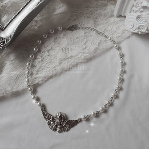 Baroque Angel Pearl Choker Necklace - Silver (KISS OF LIFE Julie Necklace)