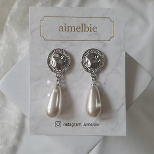 Ethnic Button and Long Pearl Earrings - Silver