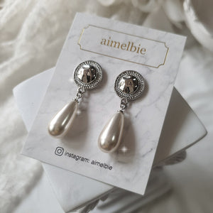 Ethnic Button and Long Pearl Earrings - Silver