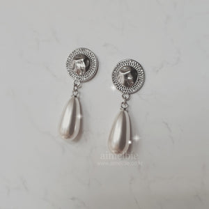 Ethnic Button and Long Pearl Earrings - Silver