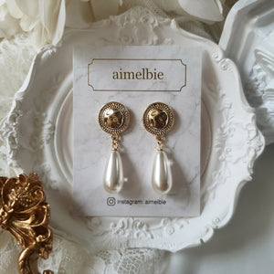 Ethnic Button and Long Pearl Earrings - Gold