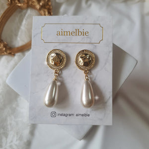 Ethnic Button and Long Pearl Earrings - Gold