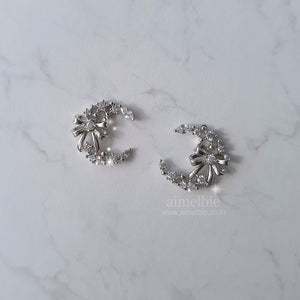 Dainty Ribbon and Moon Earrings - Silver