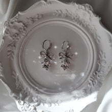 Load image into Gallery viewer, [IU Earrings] Dainty Heart Crystal and Ribbon Huggies Earrings - Silver Color
