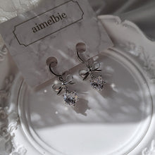 Load image into Gallery viewer, [IU Earrings] Dainty Heart Crystal and Ribbon Huggies Earrings - Silver Color