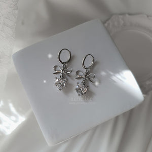 Dainty Heart Crystal and Ribbon Huggies Earrings - Silver Color (Loossemble Hyunjin, Nature Sohee Earrings)