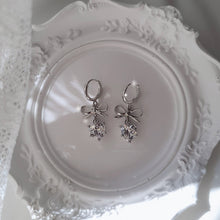 Load image into Gallery viewer, [IU Earrings] Dainty Heart Crystal and Ribbon Huggies Earrings - Silver Color