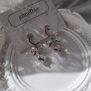 Dainty Heart Crystal and Ribbon Huggies Earrings - Silver Color (Loossemble Hyunjin, Nature Sohee Earrings)