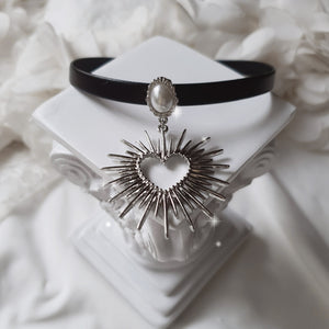 Heart Supernova Leather Choker - Silver ver.