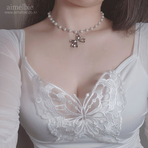 [BABYMONSTER Ahyeon, Luka Necklace] Princess Bow and Moon Layered Necklace - Silver Color