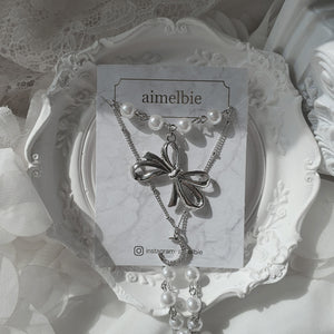 [BABYMONSTER Ahyeon, Luka Necklace] Princess Bow and Moon Layered Necklace - Silver Color