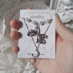 [BABYMONSTER Ahyeon, Luka Necklace] Princess Bow and Moon Layered Necklace - Silver Color