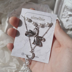[BABYMONSTER Ahyeon, Luka Necklace] Princess Bow and Moon Layered Necklace - Silver Color
