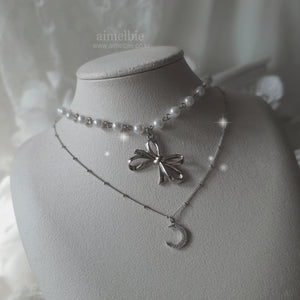 [BABYMONSTER Ahyeon, Luka Necklace] Princess Bow and Moon Layered Necklace - Silver Color