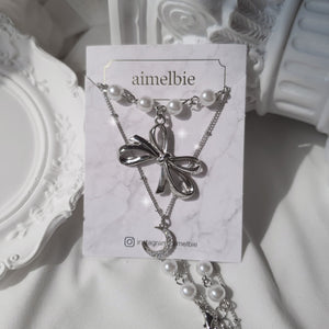 [BABYMONSTER Ahyeon, Luka Necklace] Princess Bow and Moon Layered Necklace - Silver Color