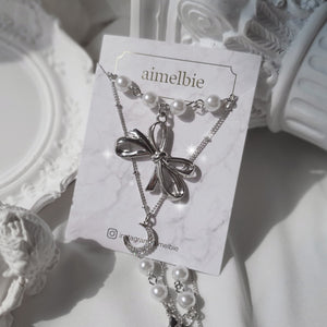 [BABYMONSTER Ahyeon, Luka Necklace] Princess Bow and Moon Layered Necklace - Silver Color