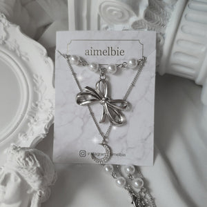 [BABYMONSTER Ahyeon, Luka Necklace] Princess Bow and Moon Layered Necklace - Silver Color