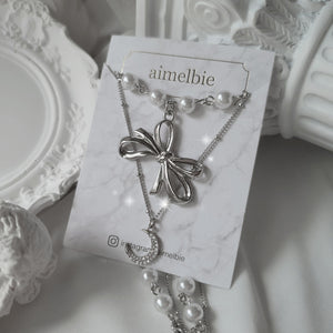 [BABYMONSTER Ahyeon, Luka Necklace] Princess Bow and Moon Layered Necklace - Silver Color