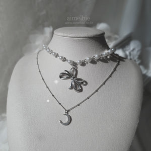 [BABYMONSTER Ahyeon, Luka Necklace] Princess Bow and Moon Layered Necklace - Silver Color