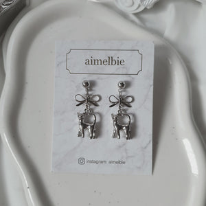 Kitty and Bow Earrings - Silver Color