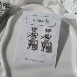 Kitty and Bow Earrings - Silver Color