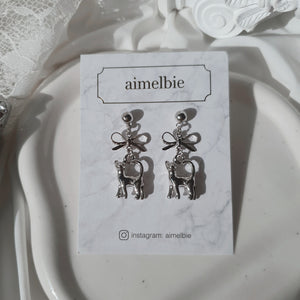 Kitty and Bow Earrings - Silver Color
