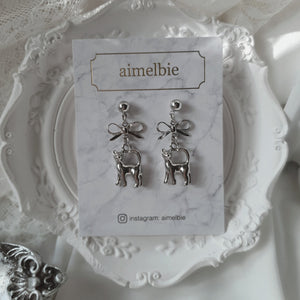 Kitty and Bow Earrings - Silver Color