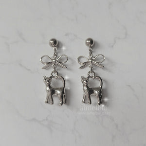 Kitty and Bow Earrings - Silver Color