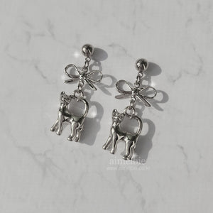 Kitty and Bow Earrings - Silver Color