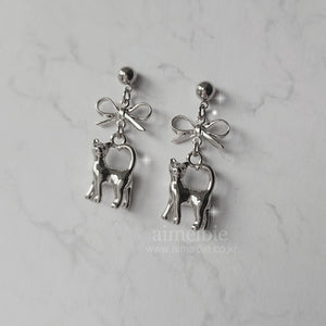 Kitty and Bow Earrings - Silver Color