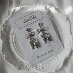 Kitty and Bow Earrings - Silver Color