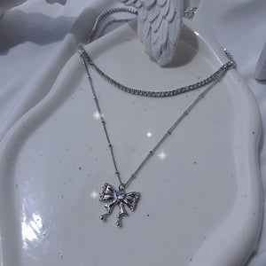 Melting Ribbon Rhinestone Chain Choker Layered Necklace