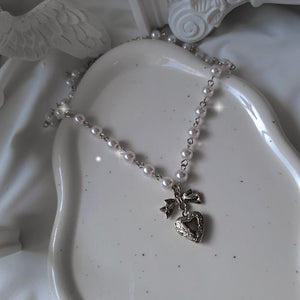 Coquette Ribbon and Heart Locket Pearl Choker - Silver Color
