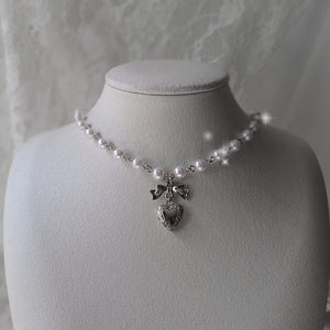 Coquette Ribbon and Heart Locket Pearl Choker - Silver Color