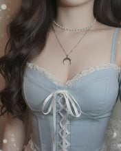 Load image into Gallery viewer, Upside Down Crescent Moon Pearl Layered Necklace - Silver (KISS OF LIFE Belle Necklace)