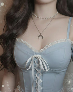 Upside Down Crescent Moon Pearl Layered Necklace - Silver (KISS OF LIFE Belle Necklace)