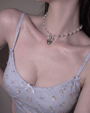 Load image into Gallery viewer, [Red Velvet Irene Necklace] Coquette Ribbon and Heart Locket Pearl Choker - Silver Color