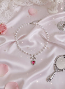 [Jenny Park Necklace] Rosepink Heart and Bow Pearl Choker Necklace