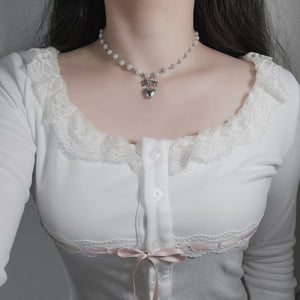 Coquette Ribbon and Heart Locket Pearl Choker - Silver Color
