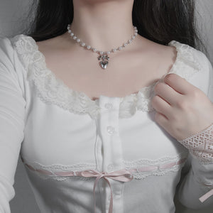 Coquette Ribbon and Heart Locket Pearl Choker - Silver Color